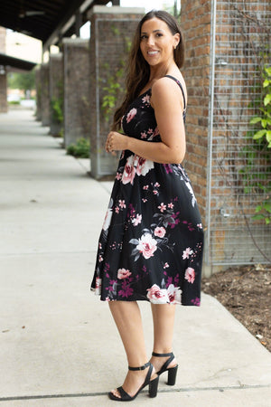IN STOCK Cassidy Midi Dress - Black and Rose Floral