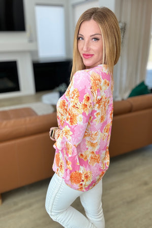 Lizzy Bell Sleeve Top in Pink and Gold Floral