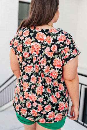 Lizzy Cap Sleeve Top in Black and Coral Floral