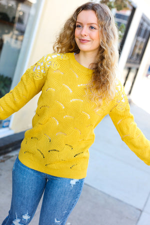 Feeling Fun Sunflower Pointelle Lace Shoulder Knit Sweater