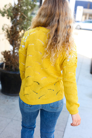 Feeling Fun Sunflower Pointelle Lace Shoulder Knit Sweater