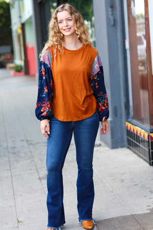 On Your Way Rust & Navy Floral Textured Hacci Top