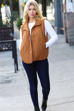 Camel High Neck Quilted Puffer Vest