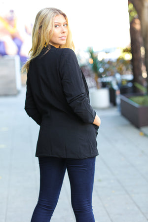 Black Notched Lapel Ruched Sleeve Blazer
