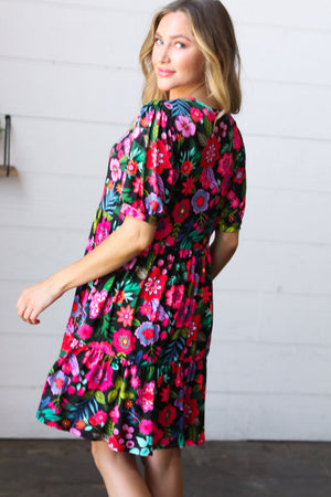 Black & Fuchsia Flat Floral Tiered Front Tie Pocketed Dress