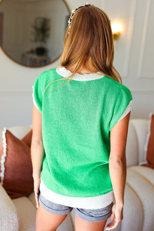 Kelly Green Embroidered Clover Short Sleeve Dolman Sweater