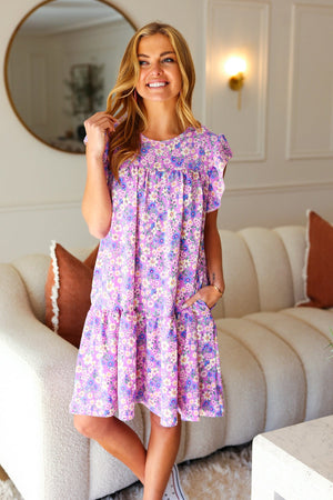 Lilac Floral Tiered Ruffle Sleeve Woven Dress