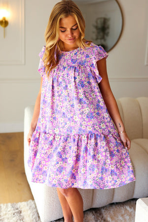 Lilac Floral Tiered Ruffle Sleeve Woven Dress