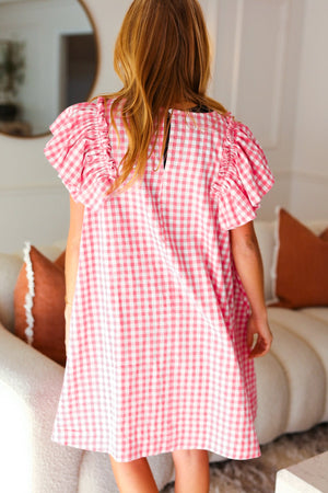 Pink Gingham Check Ruffle Sleeve Dress