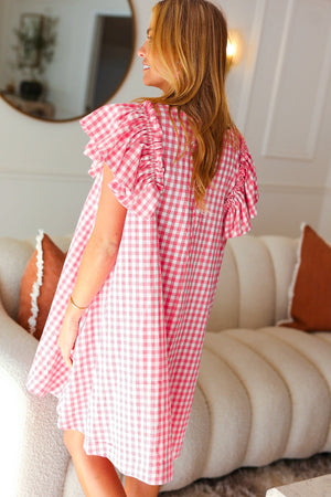 Pink Gingham Check Ruffle Sleeve Dress