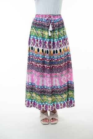 Printed Elastic Waist Band Long Skirt with Tassels in Pink Combo- 35% DISCOUNT