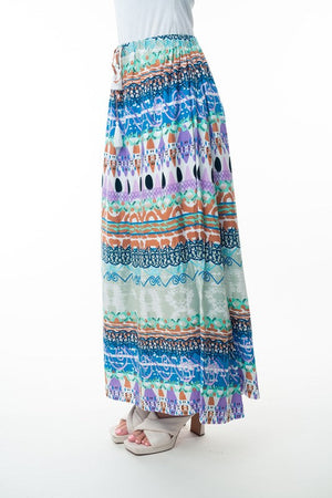 Printed Elastic Waist Band Long Skirt with Tassels in Sage Combo- 35% DISCOUNT