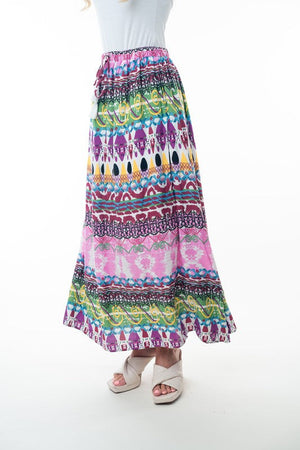 Printed Elastic Waist Band Long Skirt with Tassels in Pink Combo- 35% DISCOUNT