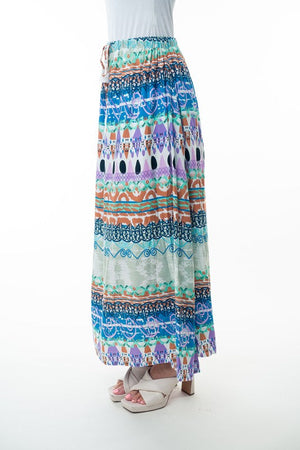 Printed Elastic Waist Band Long Skirt with Tassels in Sage Combo- 35% DISCOUNT