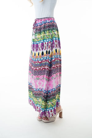 Printed Elastic Waist Band Long Skirt with Tassels in Pink Combo- 35% DISCOUNT