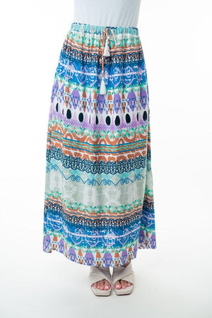 Printed Elastic Waist Band Long Skirt with Tassels in Sage Combo- 35% DISCOUNT