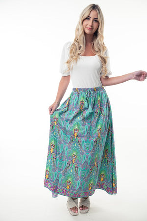 Printed Elastic Waist Band Long Skirt with Tassels in Mint Combo- 35% DISCOUNT