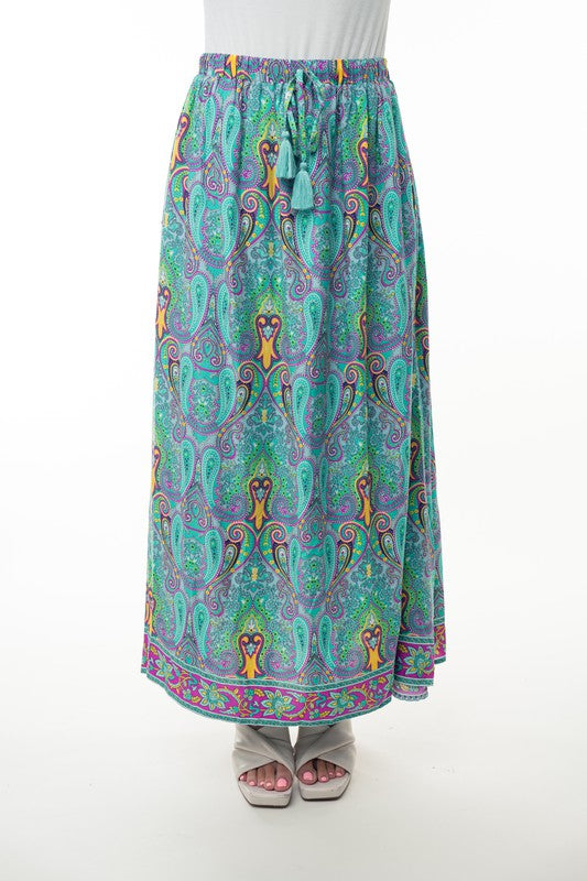 Printed Elastic Waist Band Long Skirt with Tassels in Mint Combo- 35% DISCOUNT