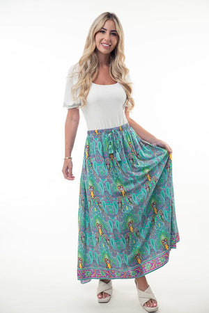 Printed Elastic Waist Band Long Skirt with Tassels in Mint Combo- 35% DISCOUNT