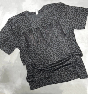 MAMA GLITTER EMBROIDERED PATCHES LEOPARD TEE