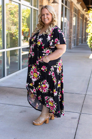 IN STOCK Harley High-Lo Dress - Black with Pink and Yellow Floral