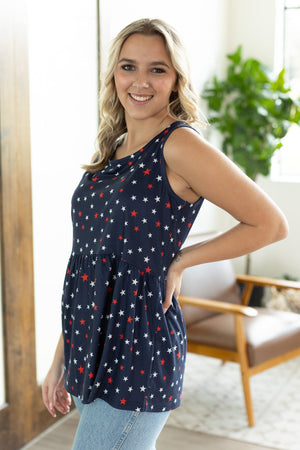 IN STOCK Renee Ruffle Tank - Red White and Blue Stars
