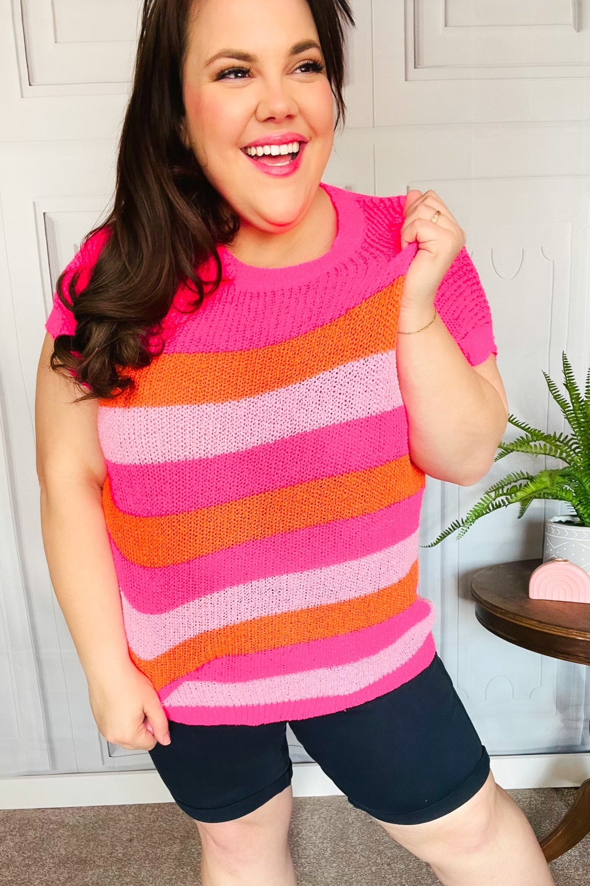 Fuchsia & Orange Stripe Short Sleeve Dolman Sweater
