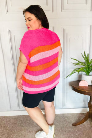 Fuchsia & Orange Stripe Short Sleeve Dolman Sweater