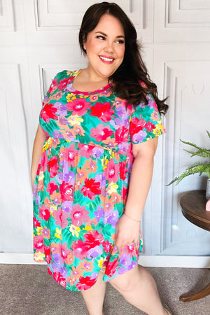 Fuchsia & Emerald Floral Babydoll Fit and Flare Dress