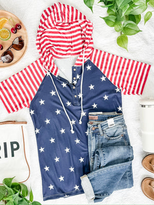 IN STOCK Henley Hoodie Top - Stars and Stripes
