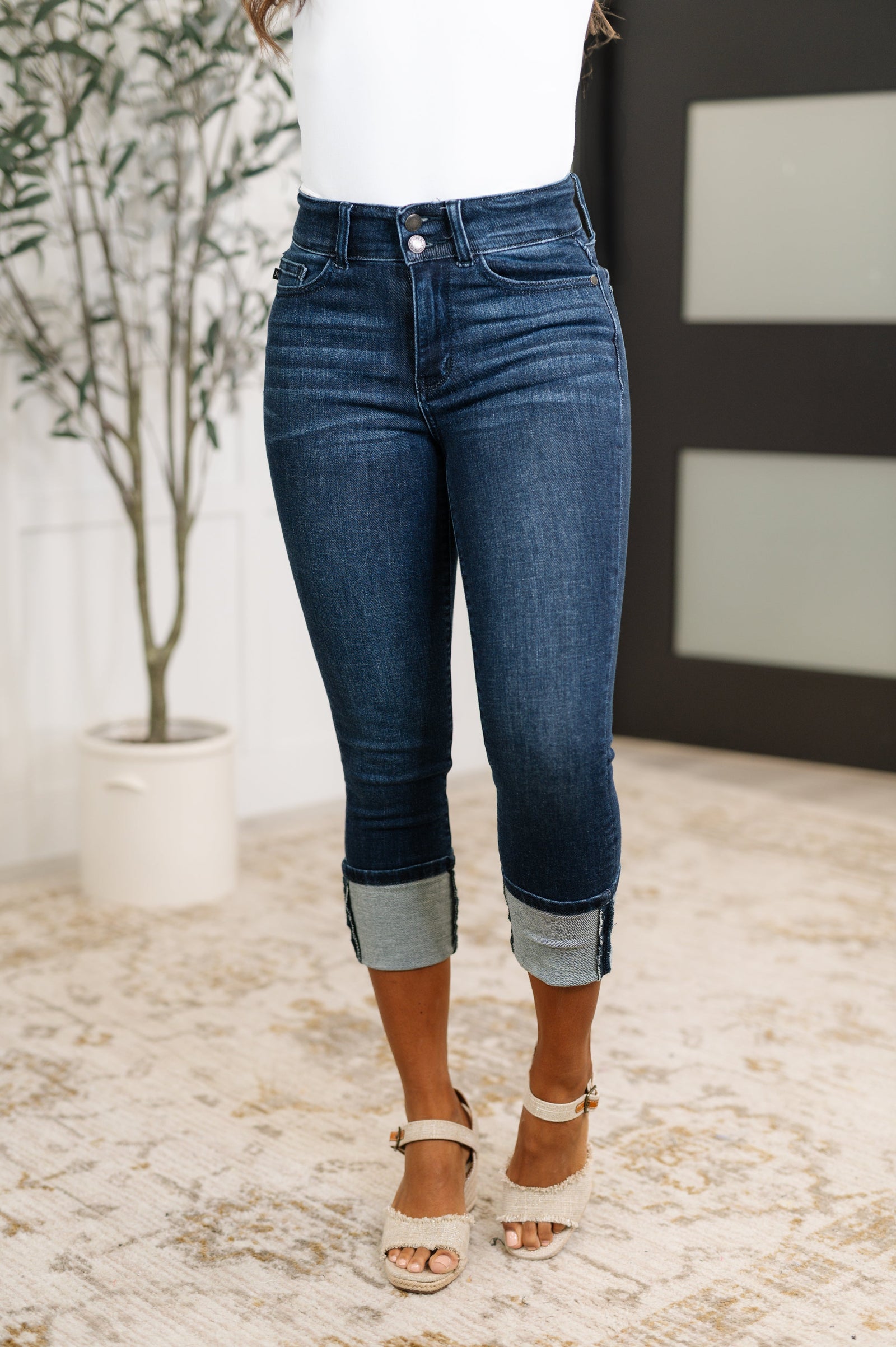 Karen High Rise Double Waist Band Capri Jeans