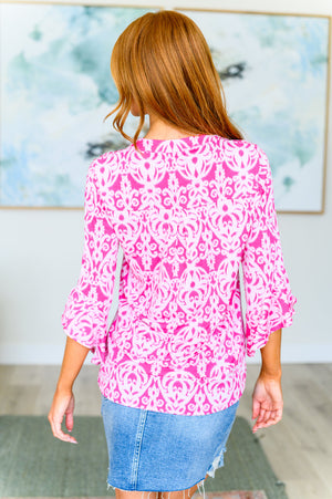 Lizzy Bell Sleeve Top in Hot Pink Damask