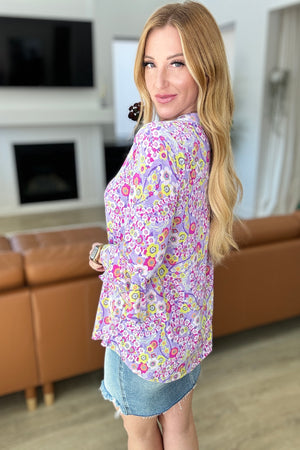 Lizzy Bell Sleeve Top in Lavender Retro Ditsy Floral