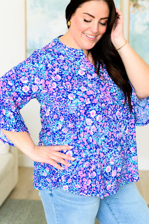 Lizzy Bell Sleeve Top in Navy and Pink Floral