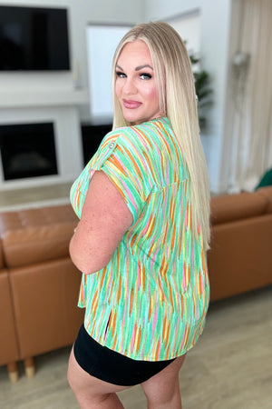 Lizzy Cap Sleeve Top in Lime and Emerald Multi Stripe