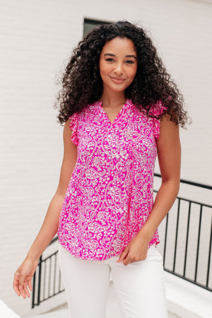 Lizzy Flutter Sleeve Top in Hot Pink and White Floral
