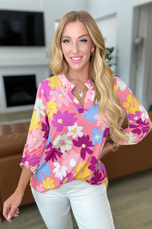 Lizzy Top in Coral and Magenta Painted Floral