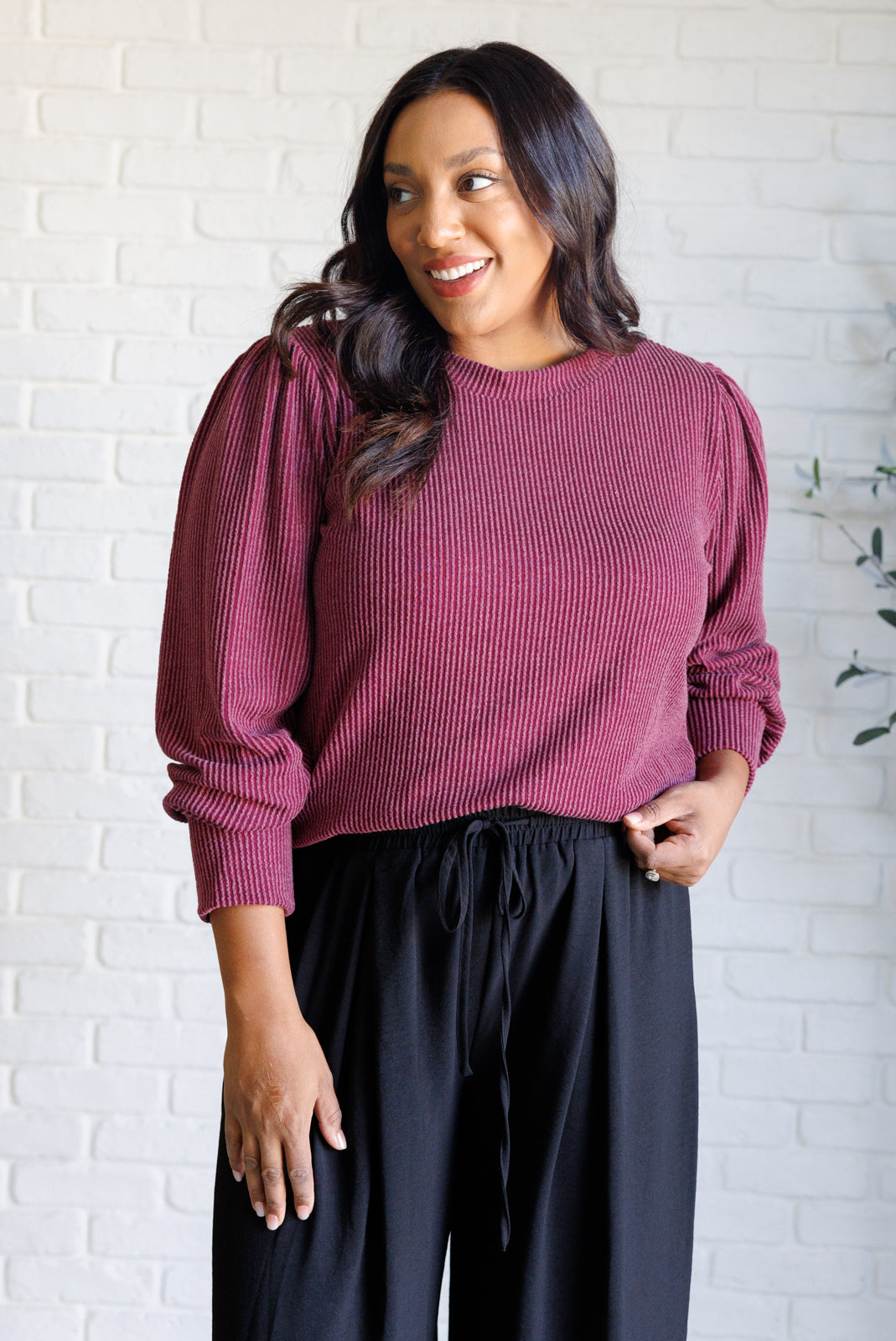 When the Sun Goes Down Mineral Wash Ribbed Knit Top in Wine