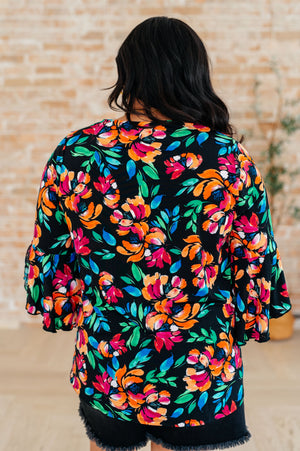 Willow Bell Sleeve Top in Black and Emerald Floral