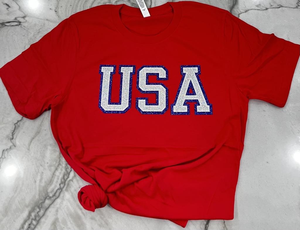 USA GLITTER EMBROIDERED PATCH TSHIRT